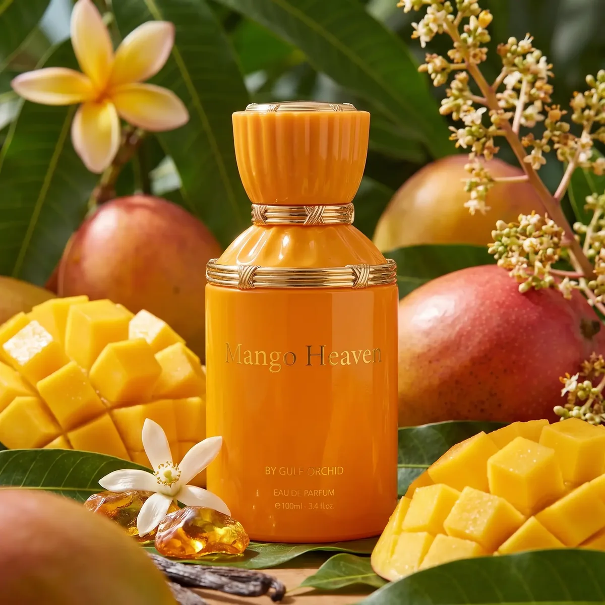 An orange bottle of Gulf Orchid Mango Heaven among cut mangoes and white blossom