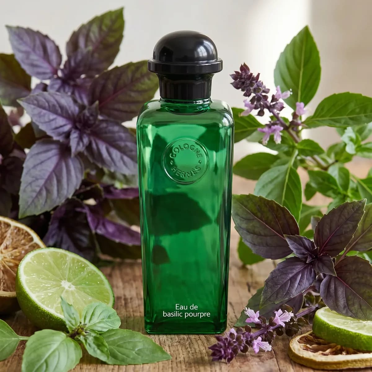 A green bottle of Hermès Eau de Basilic Pourpre among basil leaves and cut limes
