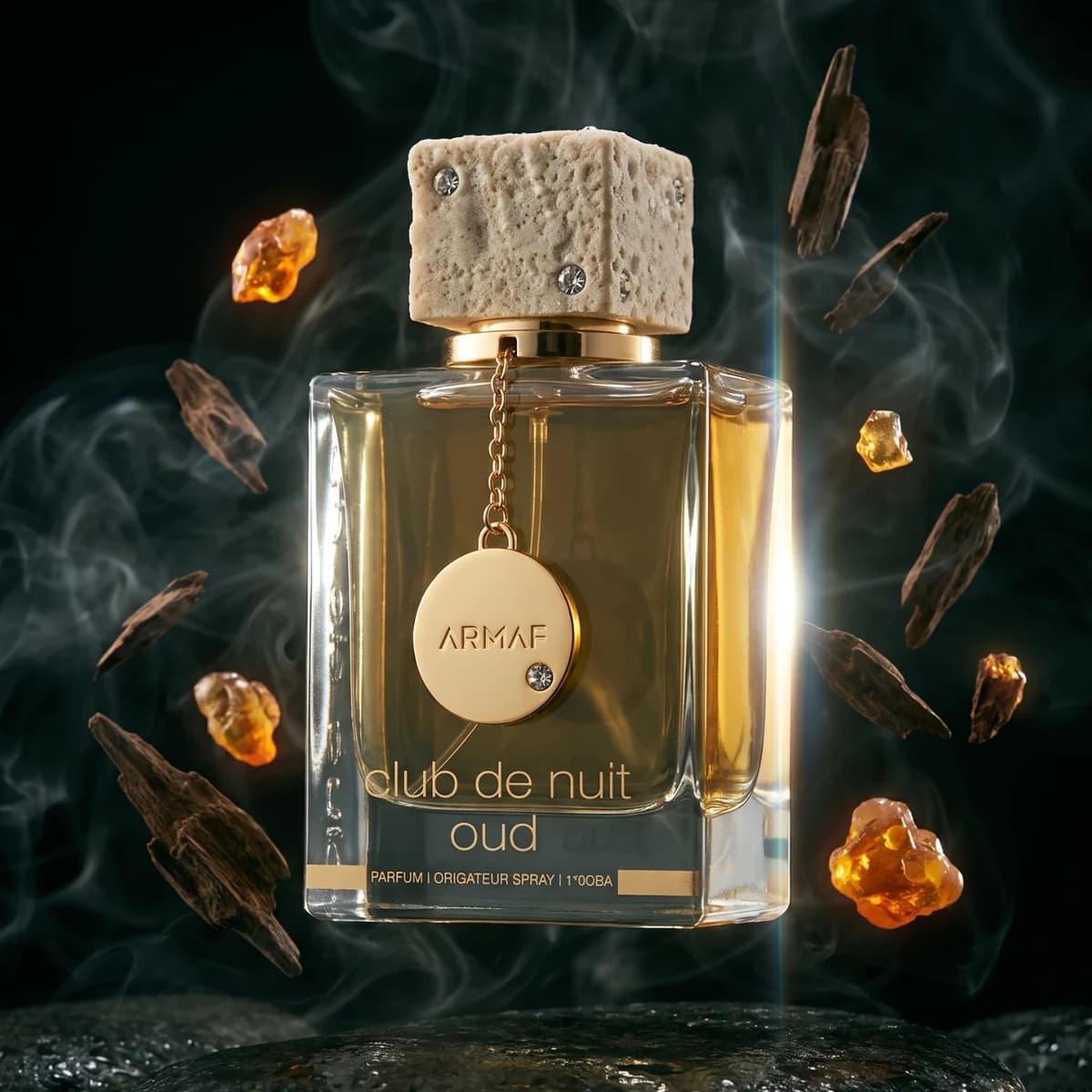 A bottle of Armaf Club de Nuit Oud among drifting smoke, pieces of oud wood and amber resin