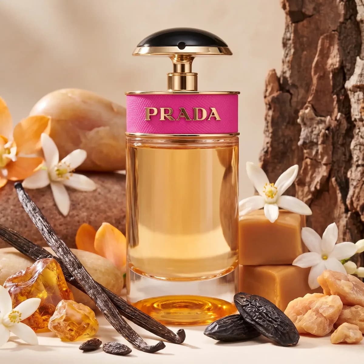 A bottle of Prada Candy among vanilla pods, caramel and amber