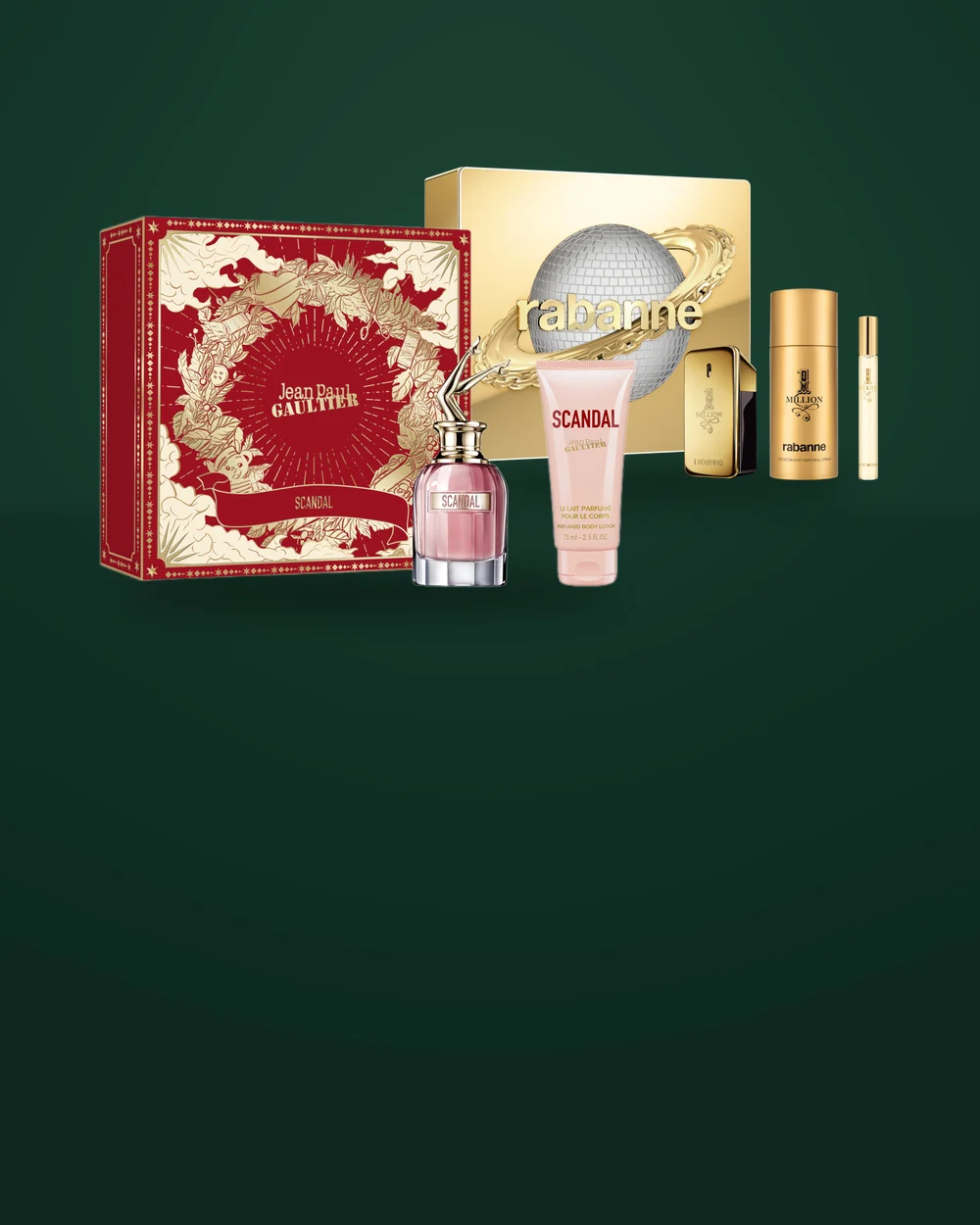 The Jean Paul Gaultier Scandal gift set and the Rabanne 1 Million gift set, each boxed with its bottle and extras