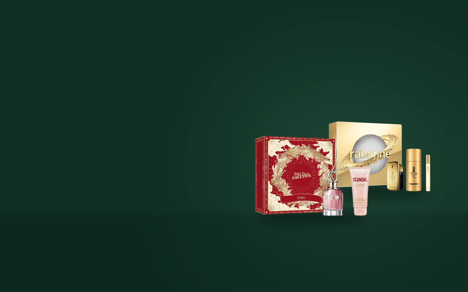 The Jean Paul Gaultier Scandal gift set and the Rabanne 1 Million gift set, each boxed with its bottle and extras