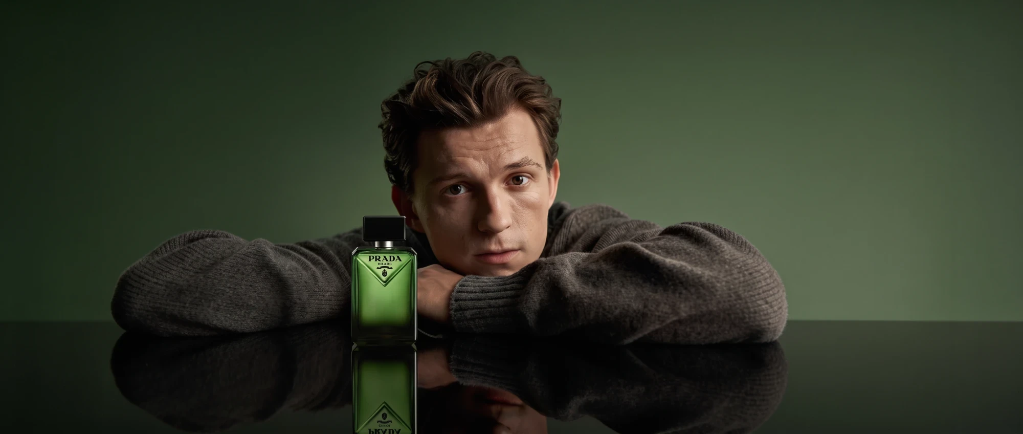 A man in a grey jumper resting his head on his folded arms behind a green bottle of Prada Paradigme on a dark mirrored table
