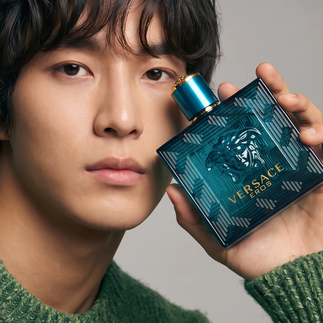 A man in a green jumper holding a bottle of Versace Eros to his cheek